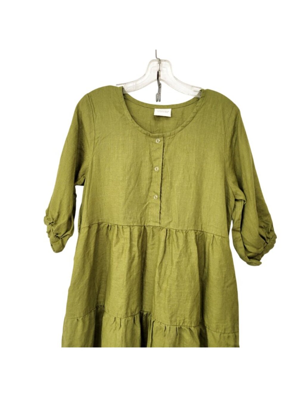 Conscious Clothing Olive Green Tiered Linen Midi Dress With 3/4 Sleeves Sustaina - Picture 3 of 7